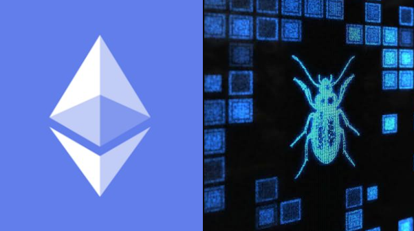 The image shows the Ethereum logo alongside a digital bug illustration surrounded by code blocks, visually representing the AI-driven discovery of a critical vulnerability in Ethereum's validator messaging system.
