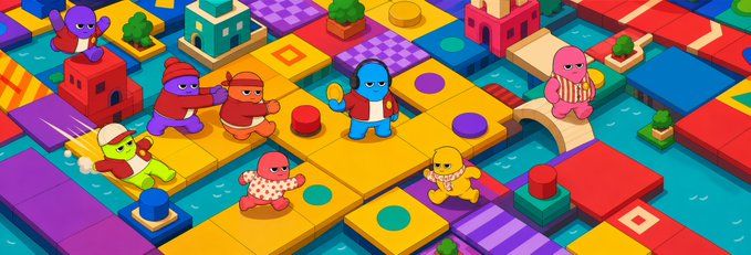A colorful isometric digital illustration of a platform game featuring various cartoonish characters on a yellow grid.
