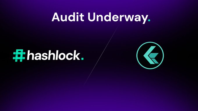 A purple announcement graphic reading 'Audit Underway.' featuring the logos for 'hashlock.' and another company with a stylized leaf emblem.