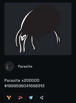 A dark digital interface showing a silhouette icon labeled 'Parasite' along with the username 'Parasite x200000', an ID number '1999598041698313', and several logo icons below.