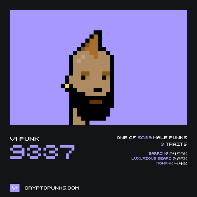 A CryptoPunks V1 NFT displaying Punk #9327, one of 6039 male punks with 3 traits including Earring (24.53%), Luxurious Beard (2.86%), and Mohawk (4.41%).