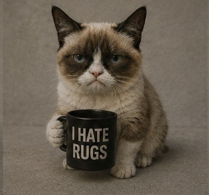Photo of Grumpy Cat (a Siamese/Himalayan-looking cat) holding a black mug that reads 'I HATE RUGS' in white letters.