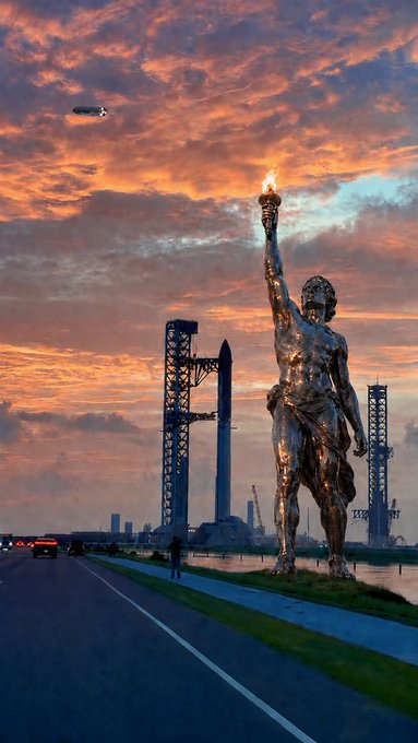 A surreal scene featuring a giant bronze statue of a muscular figure holding a flaming torch, standing beside a road near launch towers with a rocket and a blimp in a colorful sunset sky.