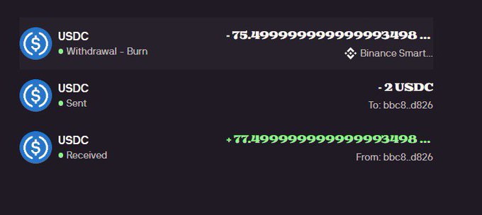 A cryptocurrency transaction history showing USDC transactions: a withdrawal/burn of -75.499..., a sent transaction of -2 USDC to address bbc8...d826, and a received transaction of +77.499... from the same address.