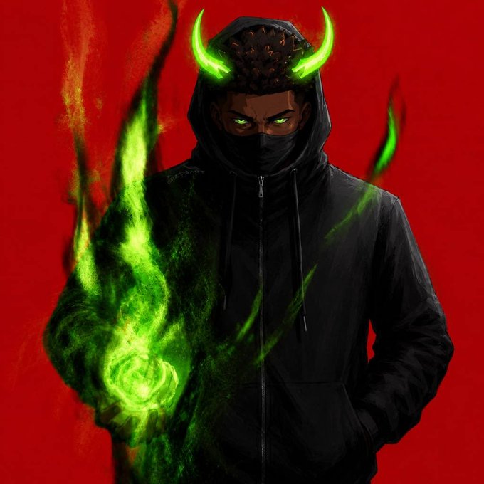 A hooded figure with glowing green demonic horns and a menacing face mask channels a swirling ball of green fire against a stark red background, evoking a dark, supernatural power. The image visually amplifies the post's message of @blknoiz06 harnessing the "graveyards" of failed attention-tokenizing projects to forge the unstoppable $ANSEM coin.