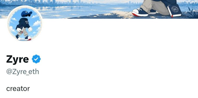 A Twitter profile page for "Zyre" (@Zyre_eth), marked with a blue verified checkmark and labeled as "creator," displayed beneath a banner featuring an anime-style character in a navy jacket. The image visually represents the user's celebration of regaining their verified status, which they mention in the post after losing it for nearly 20 days.