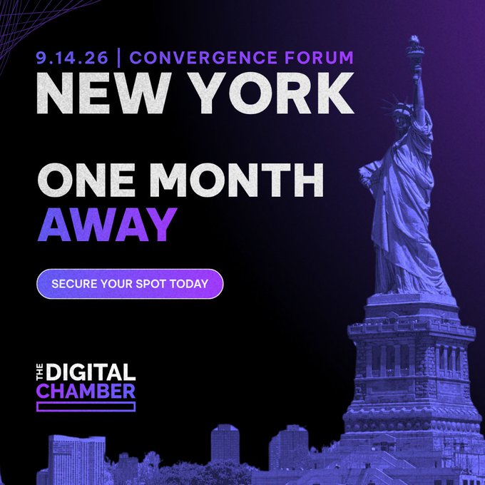 A promotional graphic for "The Digital Chamber" Convergence Forum in New York on 9.14.26, featuring the Statue of Liberty in purple tones with bold text announcing "ONE MONTH AWAY" and a "SECURE YOUR SPOT TODAY" call-to-action, which directly reinforces the post's message about the upcoming half-day forum on digital assets and financial markets.