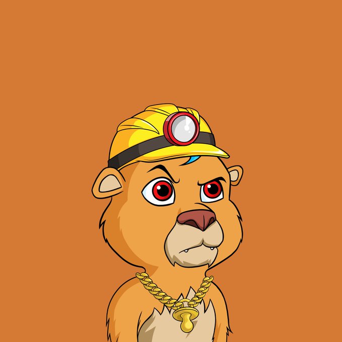 A cartoon lion character with red eyes wearing a yellow mining helmet with a headlamp and a gold chain necklace, set against an orange background.