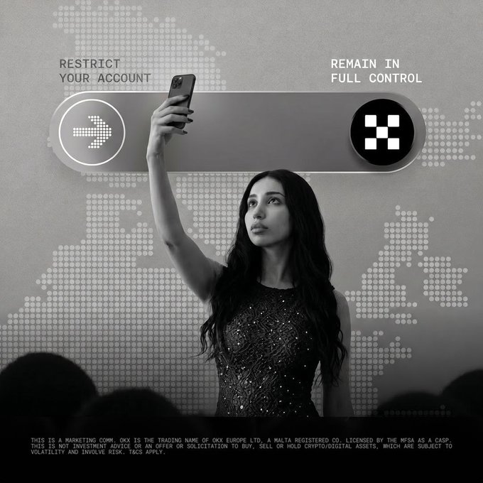 A black-and-white promotional image shows a woman taking a selfie while looking up at a floating UI element displaying "RESTRICT YOUR ACCOUNT" and "REMAIN IN FULL CONTROL," with a dotted world map background and OKX branding, alongside a disclaimer noting "OKX IS THE TRADING NAME OF OKX EUROPE LTD. A MALTA REGISTERED CO. LICENSED BY THE MFSA." The image aligns with the post's message about OKX being MiCA-authorised under Europe's new regulatory framework, emphasizing user control and account security as key compliance features.
