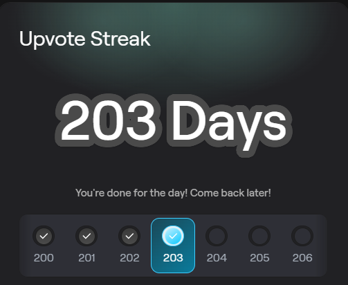 Dark-themed 'Upvote Streak' tracker showing 203 days completed, with checkmarks for days 200-203 and empty circles for 204-206.
