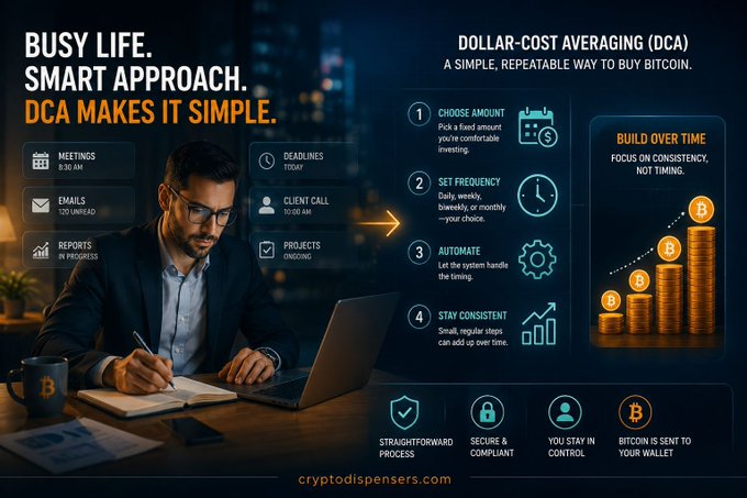 A promotional infographic for 'cryptodispensers.com' titled 'Busy Life. Smart Approach.' explaining the Dollar-Cost Averaging (DCA) strategy for buying Bitcoin.