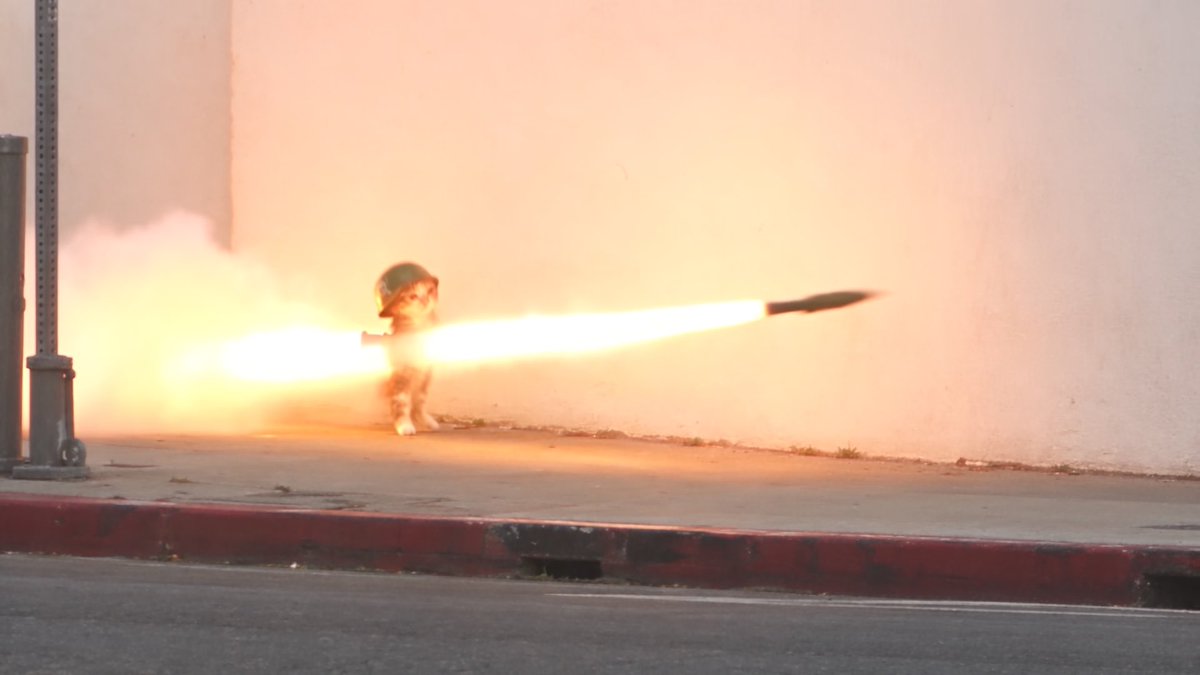 A dramatic action shot of a small dog wearing a military helmet firing a rocket launcher on a street next to a curb.