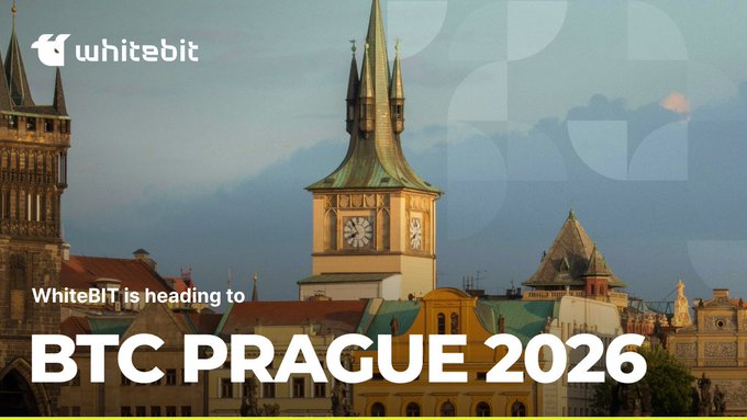 The image features a cityscape with a clock tower, which appears to be Prague. The text at the bottom of the image reads "WhiteBIT is heading to BTC Prague 2026 From June 11-13, our team will be at one of the world's leading Bitcoin conferences - BTC Prague". This suggests that WhiteBIT is planning an event in Prague related to Bitcoin and cryptocurrency.