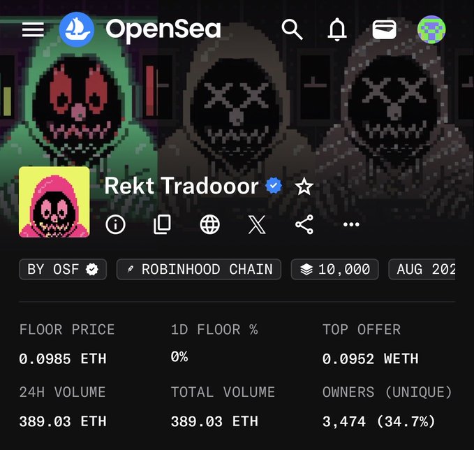 OpenSea NFT collection page for 'Rekt Tradooor' on Robinhood Chain, showing a floor price of 0.0985 ETH, 24H volume of 389.03 ETH, and 3,474 unique owners.