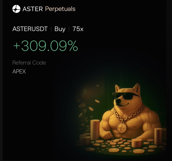 A bold promotional graphic for ASTER Perpetuals shows a muscular Shiba Inu dog wearing sunglasses and a gold APEX pendant, surrounded by stacked coins, alongside the ASTERUSDT trading pair with a +309.09% gain and 75x leverage, using referral code APEX. The image reinforces the post's bullish thesis by visually celebrating ASTER's standout performance and breakouts while other cryptocurrencies remained stagnant.