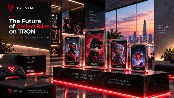 A promotional banner for 'TRON DAO' titled 'The Future of Collectibles on TRON' showing digital collectibles featuring a panda, monkey, and other characters in display cases in a futuristic room.