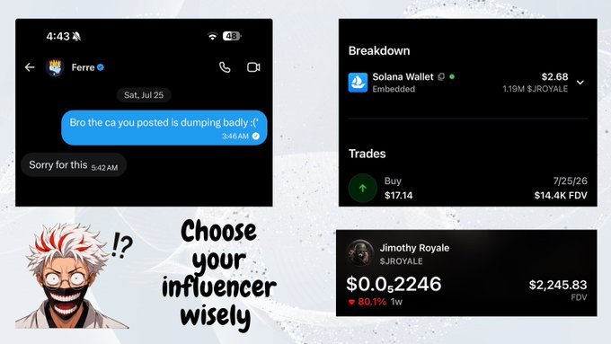 A collage featuring a text exchange ('Bro the ca you posted is dumping badly'), trading stats for 'Jimothy Royale' on Solana showing +80.1% gains, an anime character, and the text 'Choose your influencer wisely.'