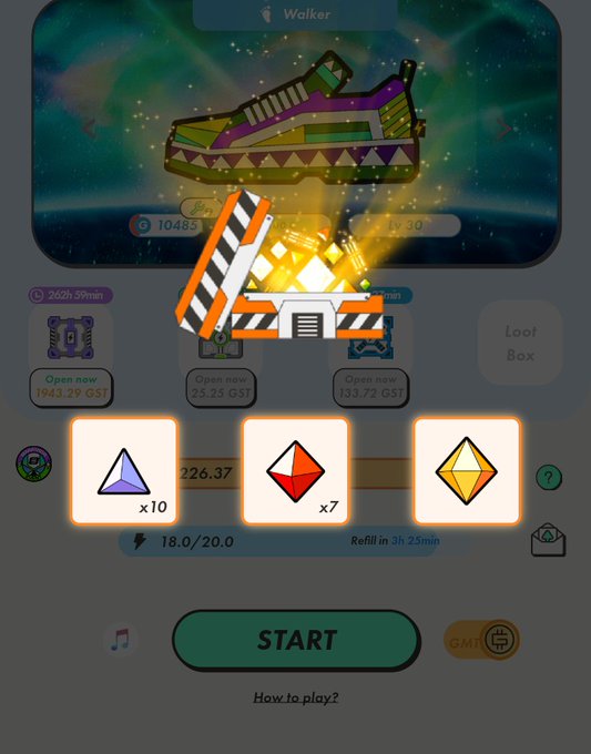 The image shows a mobile game interface with three different options displayed, each represented by a triangle of varying colors (red, orange, yellow) against a white background. The text "Start" is also visible at the bottom right corner of the screen.