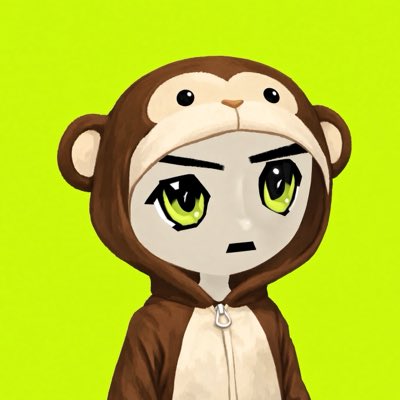 An anime-style character wearing a brown monkey costume with a hood against a bright green background.