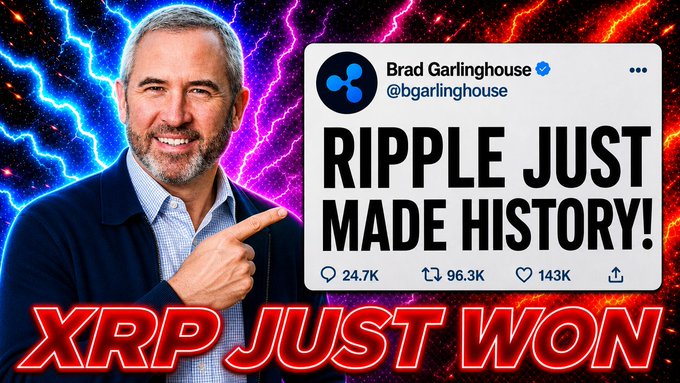 A YouTube thumbnail features Brad Garlinghouse, Ripple's CEO, pointing at a tweet reading "RIPPLE JUST MADE HISTORY!" alongside bold red text declaring "XRP JUST WON," visually promoting the video's claim that traditional finance giants like Aberdeen, Aviva, and Société Générale are building on the XRP Ledger to capture the $1 quadrillion derivatives market shifting to blockchain.