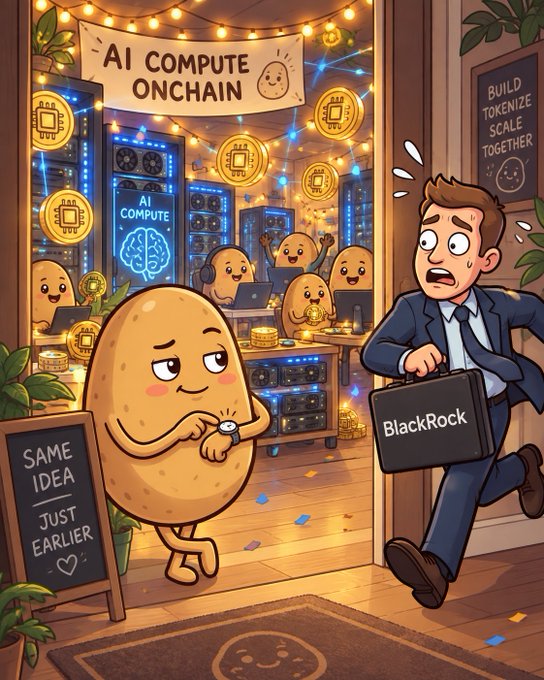 A cartoon illustration depicting a potato-like character in an 'AI COMPUTE ONCHAIN' store checking its watch, while a businessman carrying a 'BlackRock' briefcase rushes in past a 'SAME IDEA JUST EARLIER' chalkboard sign.