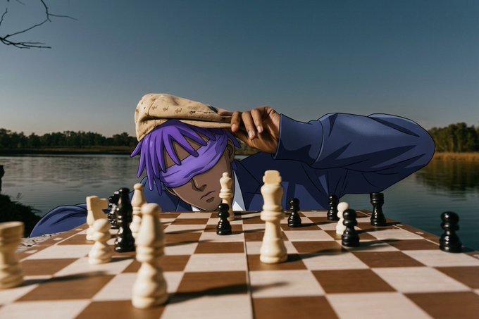 An animated figure with purple hair sits at a chessboard in front of a lake, lifting a patterned cloth from over their head.