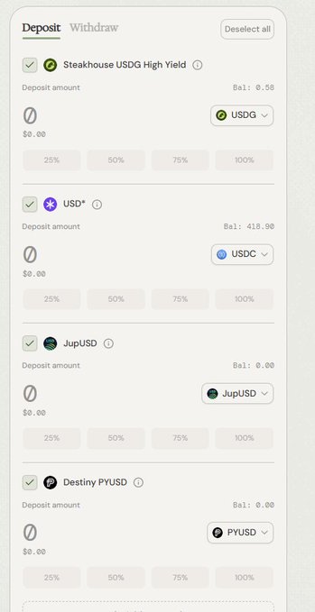 A cryptocurrency deposit interface showing options for Steakhouse USDG High Yield (Bal: 0.58 USDG), USD* (Bal: 418.90 USDC), JupUSD (Bal: 0.00), and Destiny PYUSD (Bal: 0.00), each with deposit amount fields and percentage selectors.