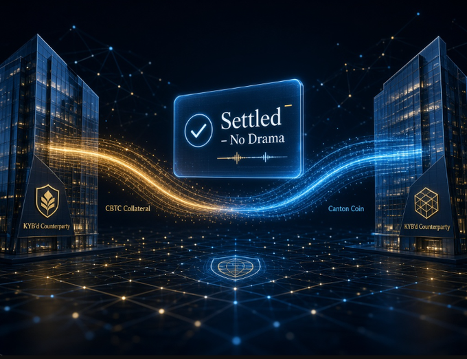 A glowing digital banner reading "Settled - No Drama" floats between two skyscrapers labeled "KYB'd Counterparty" on a futuristic network grid, with flowing light streams representing "CBTC Collateral" and "Canton Coin" connecting them—visually capturing the seamless, drama-free settled trade between two verified entities as described in the TermMax note.