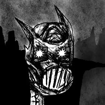 A dark, gritty black-and-white illustration of a horned armored figure with glowing star-shaped eyes, reminiscent of a tokusatsu villain.