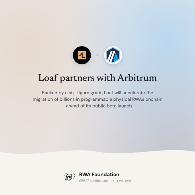 A graphic announcing "Loaf partners with Arbitrum" stating it is backed by a six-figure grant to accelerate programmable physical RWAs onchain, posted by RWA Foundation (@RWAFoundation_).