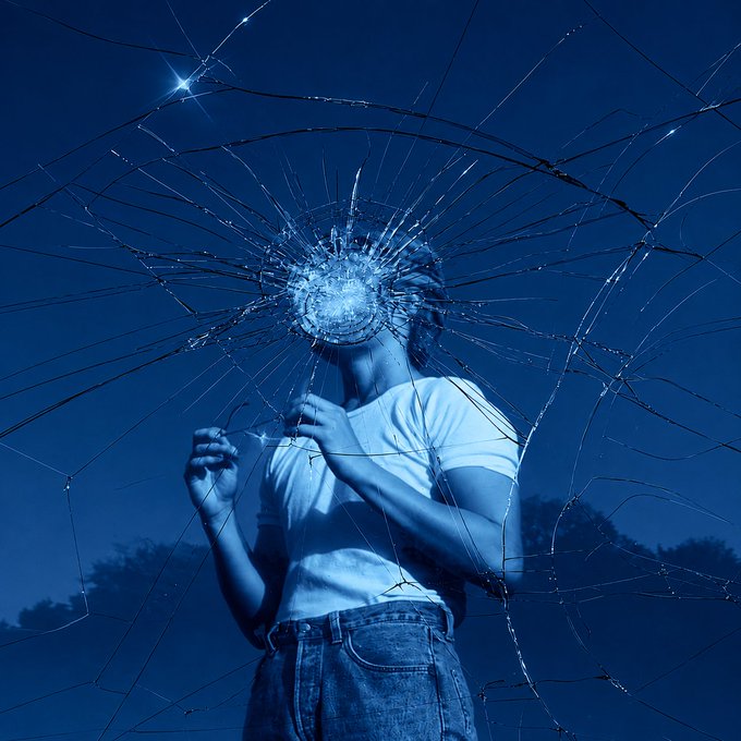 An artistic photo showing a person behind shattered glass, tinted in deep blue tones, with cracks radiating outward from the center.