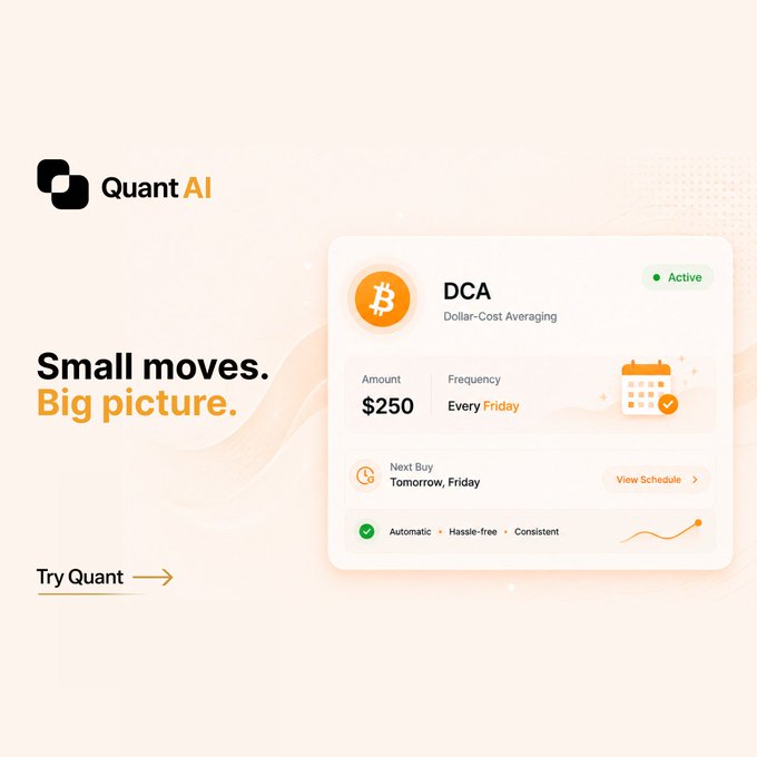 A promotional graphic for 'Quant AI' featuring the text 'Small moves. Big picture.' alongside a dashboard showing an active Bitcoin DCA (Dollar-Cost Averaging) plan of $250 every Friday, with a 'Try Quant' link.