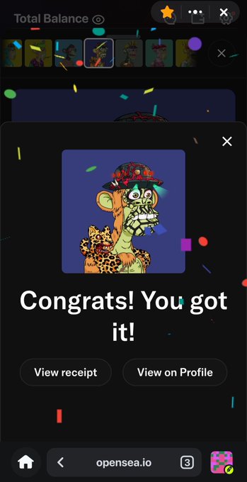 A mobile screenshot from opensea.io showing a 'Congrats! You got it!' confirmation for acquiring a Bored Ape-style NFT with a colorful cartoon ape character.