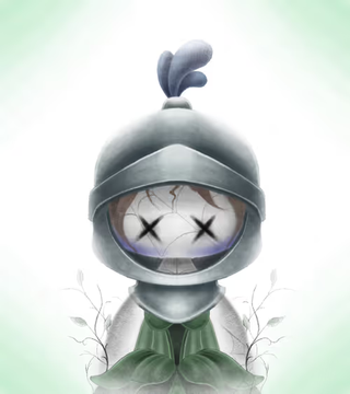 Digital artwork of a small chibi-style character in silver knight armor with 'X' eyes, sitting among plants with a melancholic or eerie appearance.