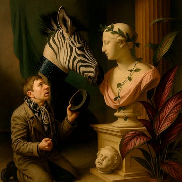 A surreal classical painting featuring a man in period clothing holding a hat and looking up at a zebra-headed bust with a laurel wreath, alongside a classical female bust and a cherub head.