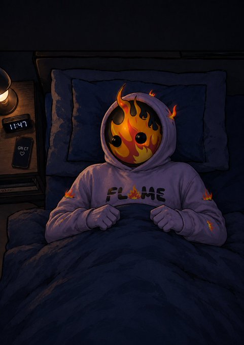 An illustration of a person in bed wearing a purple hoodie with 'FLAME' written on it, their face obscured by a flame-patterned mask with two black eye holes, in a dimly lit room with a clock showing 1:47 and a phone on a nightstand.