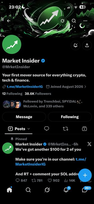 A mobile screenshot of the Market Insider (@MrketInsider) Twitter profile, which describes itself as 'Your first mover source for everything crypto, tech & finance' and shows a pinned post offering '$100 for 2 of you' with engagement metrics including 902 likes.