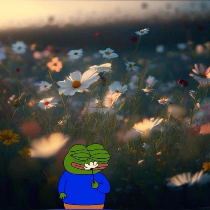 A cartoon Pepe the Frog character wearing a blue shirt stands in the foreground of a warm, golden-hour flower field filled with daisies, holding a single white daisy up to its face with a peaceful, smiling expression—evoking the calm, reflective tone of the Sunday blessings message about investing in a wellness journey.