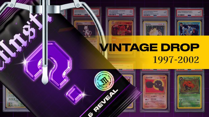 The image promotes a "VINTAGE DROP 1997-2002" featuring holographic purple "drop" cards alongside graded Pokémon cards like Dark Vaporeon and Dark Raichu, highlighting a vintage Pokémon card pack drop with a special holographic Black Star Meowth card up for grabs as mentioned in the post.