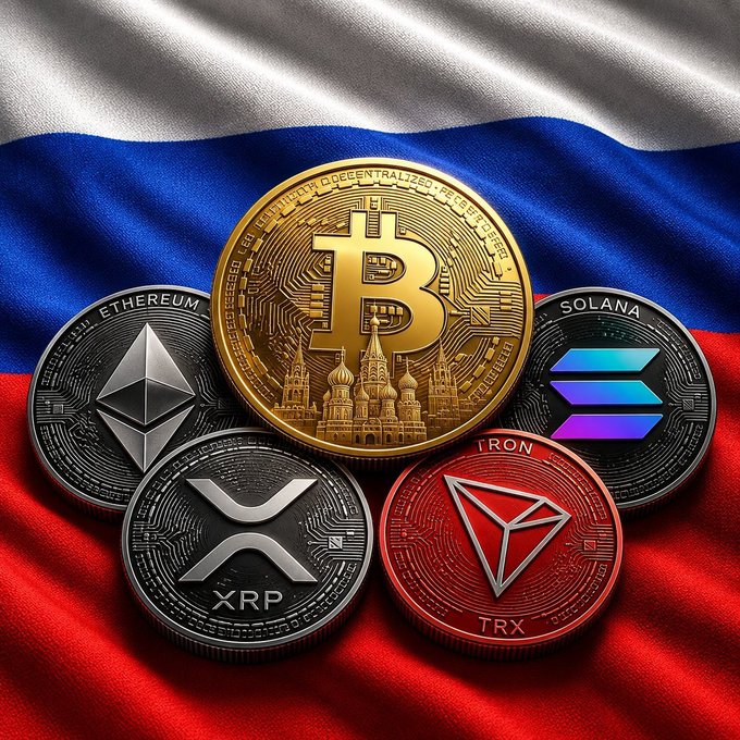 A digital illustration of cryptocurrency coins including Bitcoin, Ethereum, Solana, XRP, and Tron (TRX) arranged on top of the Russian flag.