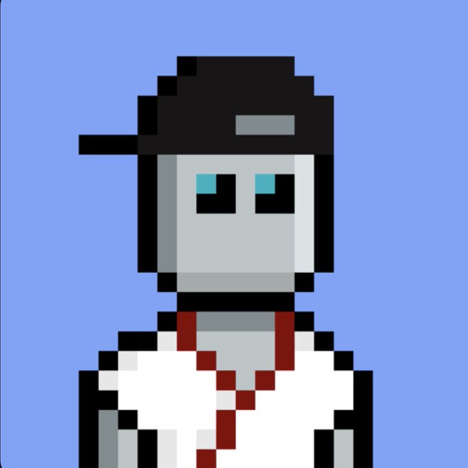 A simple pixel art character with gray skin, blue eyes, wearing a black cap and a white shirt with red stains, set against a solid blue background.