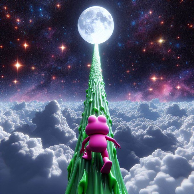 A surreal digital artwork featuring a pink frog character climbing a green, dripping liquid-like spire that extends from a cloudy landscape up to a glowing full moon against a starry night sky.