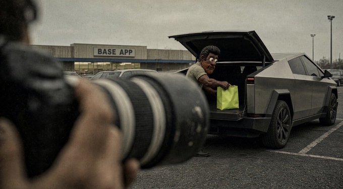 A person with a large camera lens photographs a figure wearing a Muppet-style mask loading shopping bags into a Tesla Cybertruck in a "BASE APP" parking lot, evoking the meme-like, underground crypto promotion vibe of the RH ticker post.