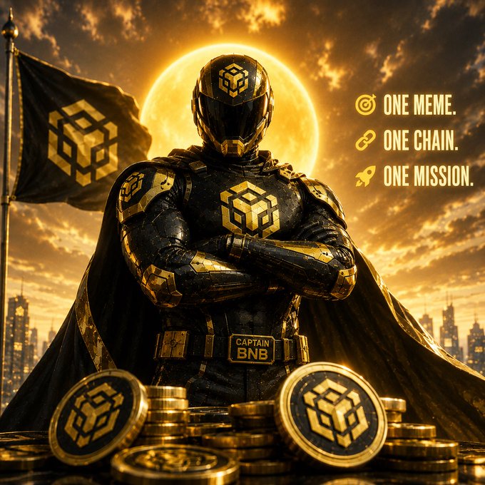 A superhero figure labeled "CAPTAIN BNB" stands confidently with crossed arms in gold-and-black armor emblazoned with the BNB logo, framed by a flag, sunset, and piles of BNB coins. The slogans "ONE MEME. ONE CHAIN. ONE MISSION." reinforce the post's theme of $CAPTAINBNB rallying support for a single-purpose meme token on the BNB Chain.