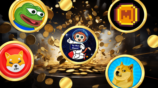 Meme-style graphic featuring several cryptocurrency coins (including Pepe, Dogecoin, Shiba Inu, and a pixel 'M' coin) around a central astronaut-themed 'To the Moon!' coin amid flying gold coins.