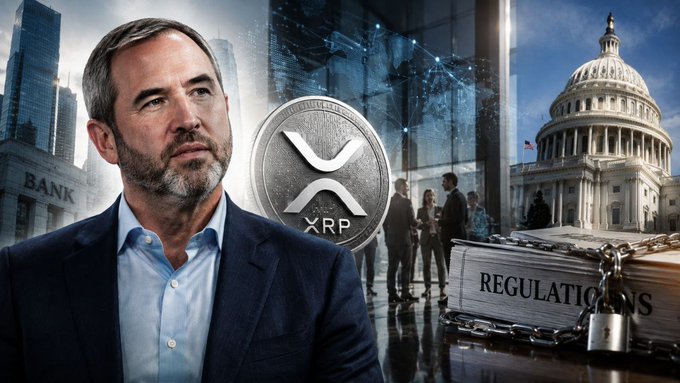 Brad Garlinghouse appears beside an XRP coin, with the U.S. Capitol and a chained "Regulations" book symbolizing the regulatory backdrop of crypto adoption. The image visually reinforces the post's theme of growing institutional interest in XRP amid evolving regulatory clarity.