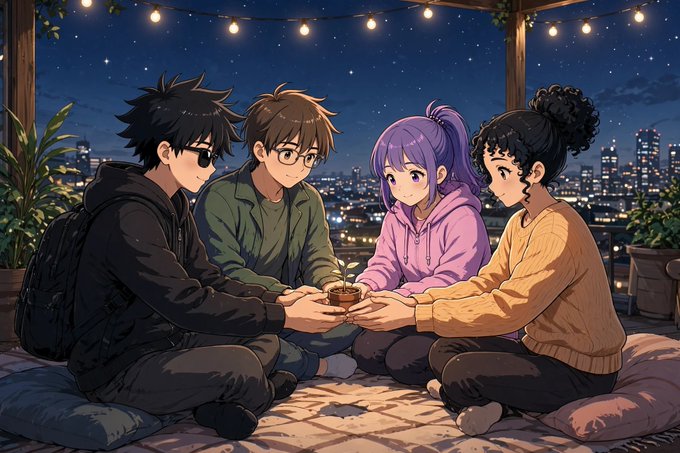 An anime-style illustration of four friends sitting on a rooftop patio at night under string lights, holding a small lit cake together with a city skyline behind them.
