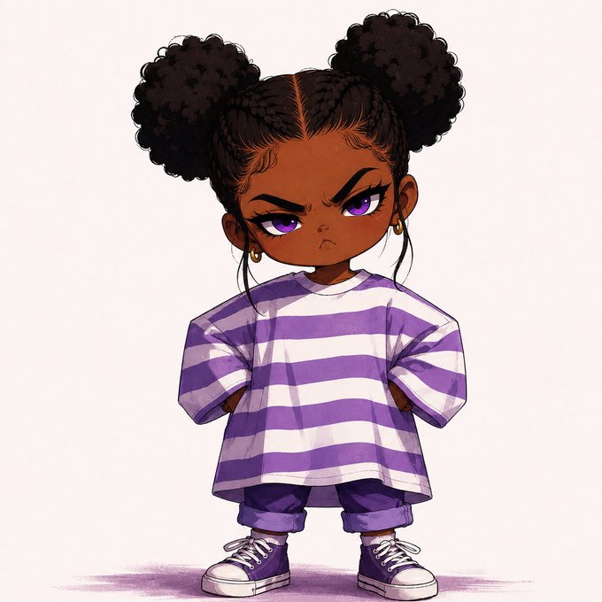 A cartoon illustration shows a young girl with dark skin, purple eyes, and double afro puffs, wearing a purple and white striped shirt with a pouty expression.