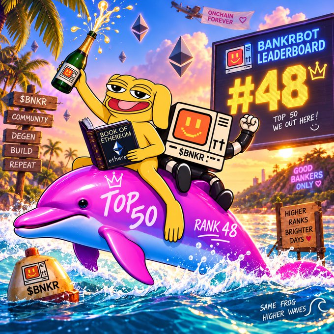 A vibrant promotional graphic for '$BNKR' celebrating a 'BANKRBOT LEADERBOARD' rank of '#48,' featuring a yellow frog mascot holding an 'ONCHAIN FOREVER' flag while riding a pink dolphin.
