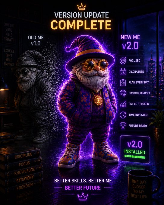 A motivational poster titled 'VERSION UPDATE COMPLETE' contrasts 'OLD ME v1.0' (a gray, crumbling figure) with 'NEW ME v2.0' (a vibrant, neon-purple character), listing qualities like 'FOCUSED', 'DISCIPLINED', and 'GROWTH MINDSET' under the tagline 'BETTER SKILLS. BETTER ME. BETTER FUTURE.'